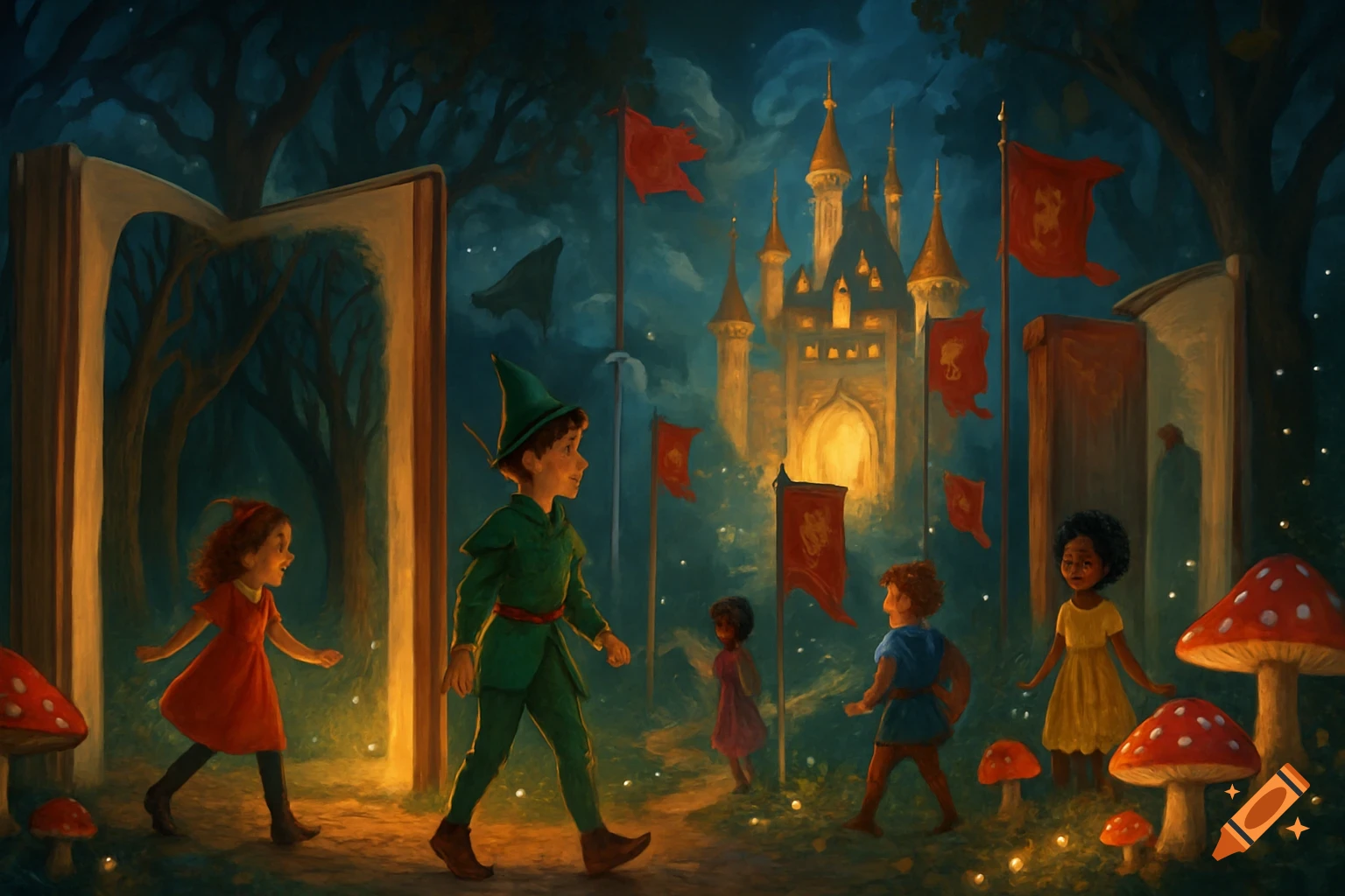 Children in a painterly fairy tale scene walk through an enchanted forest with glowing mushrooms towards a distant castle, giant books acting as portals.