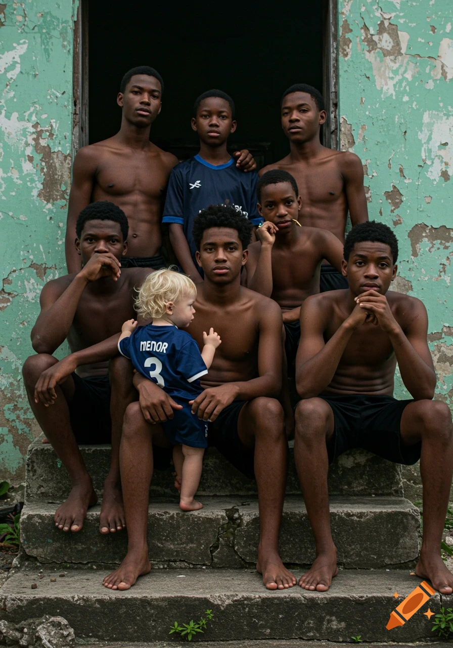 A group of young males and a toddler sit on concrete steps in front of a dilapidated building with peeling green paint.