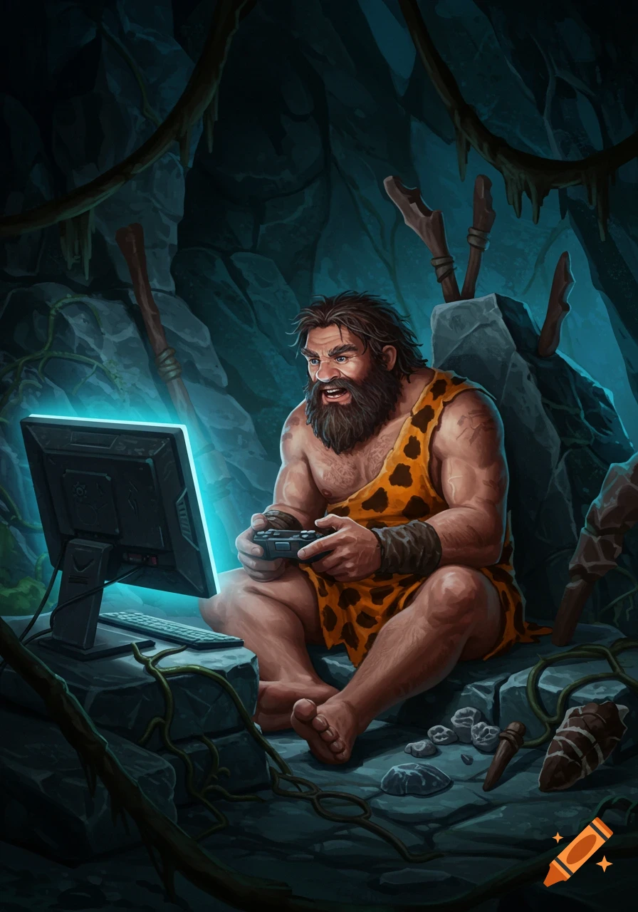 A caveman wearing a leopard print tunic sits in a dimly lit cave, intensely playing video games on a glowing monitor with a controller.