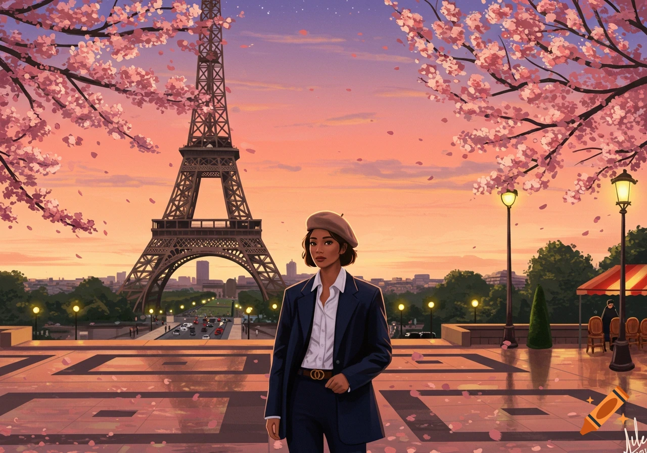 An illustrated woman wearing a suit and beret stands in front of the Eiffel Tower, framed by pink cherry blossoms at sunset.