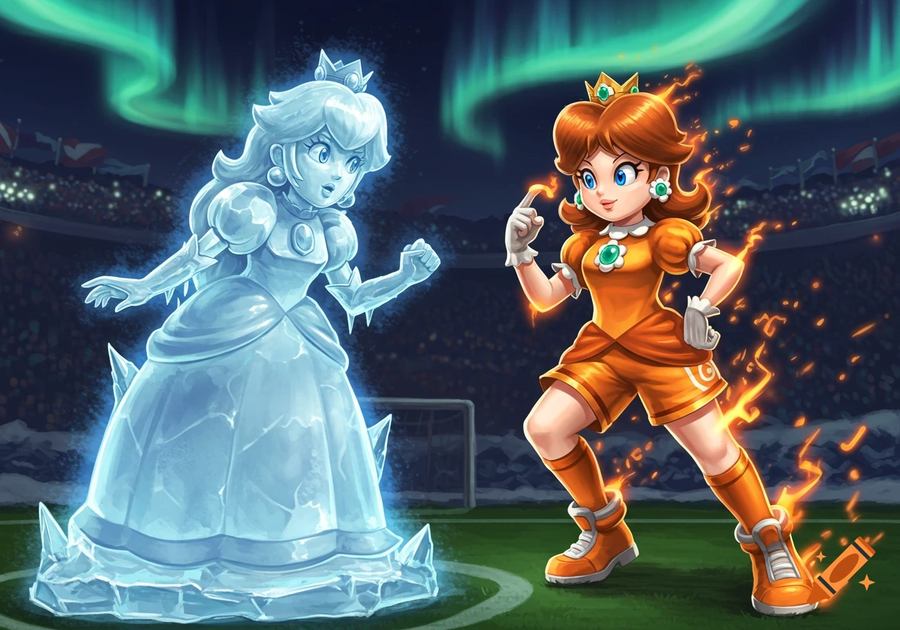Princess Daisy in a soccer uniform with fire effects taunts an ice statue of Princess Peach on a soccer field under an aurora borealis.