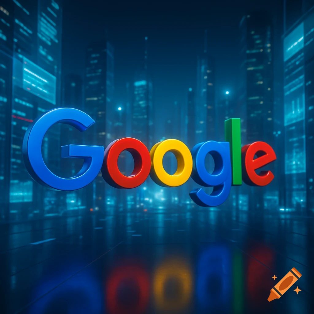 3D rendering of the Google logo in its iconic colors above a reflective surface, with a blurred futuristic city skyline.