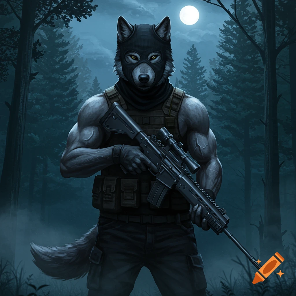 An anthropomorphic wolf in a balaclava and tactical gear holds an assault rifle in a dark forest under a full moon.