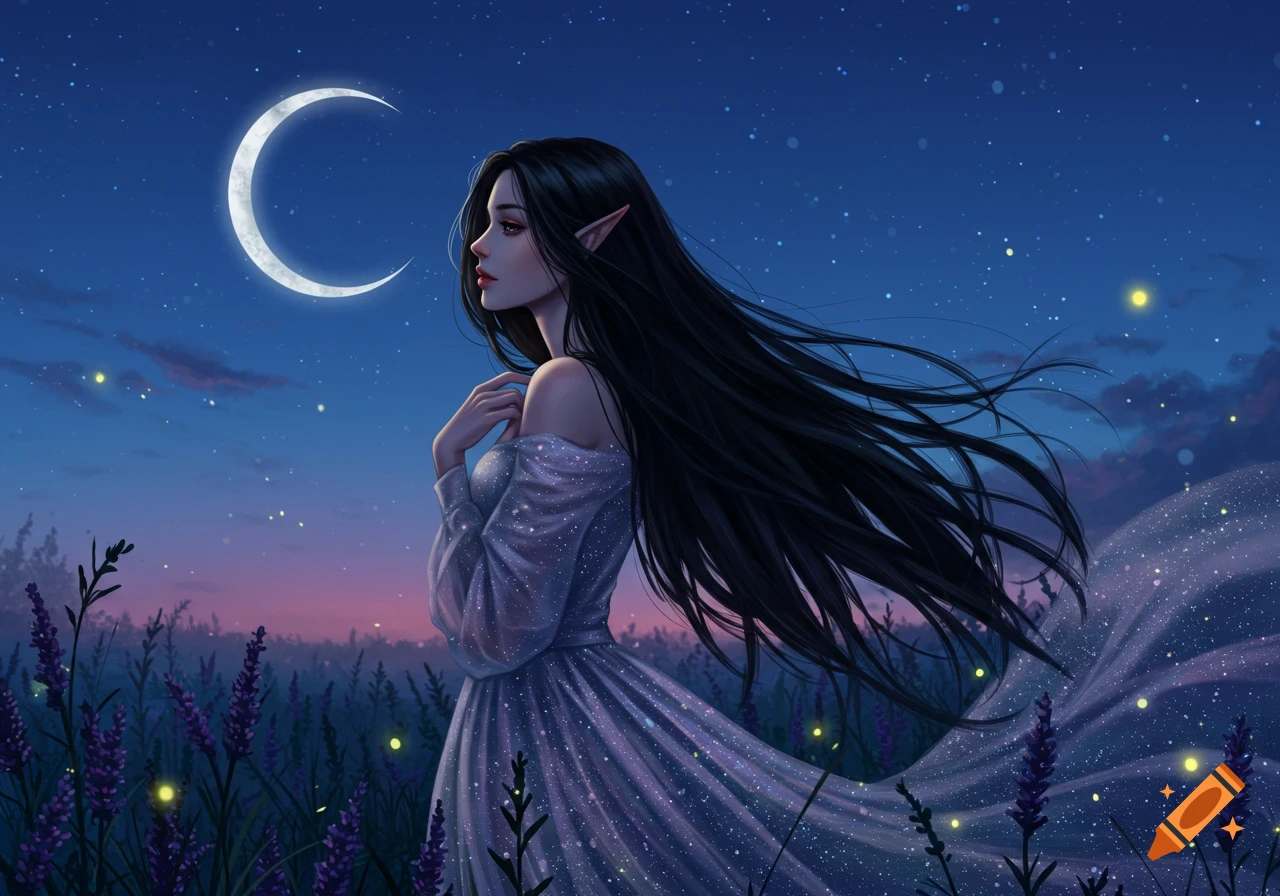 Digital illustration of an elf woman in a sparkling dress, standing in a lavender field at night under a crescent moon and stars, with fireflies.