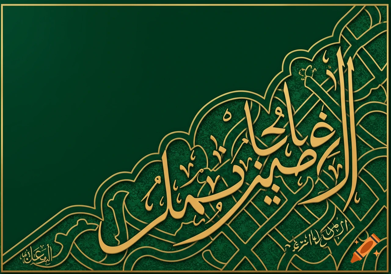 Gold Arabic calligraphy and decorative patterns on a dark green background.