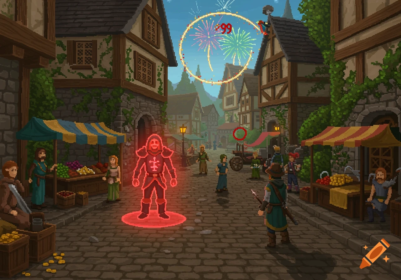 A pixel art scene of a fantasy village with market stalls, people, and a glowing character with '99' above its head, like a game screenshot.