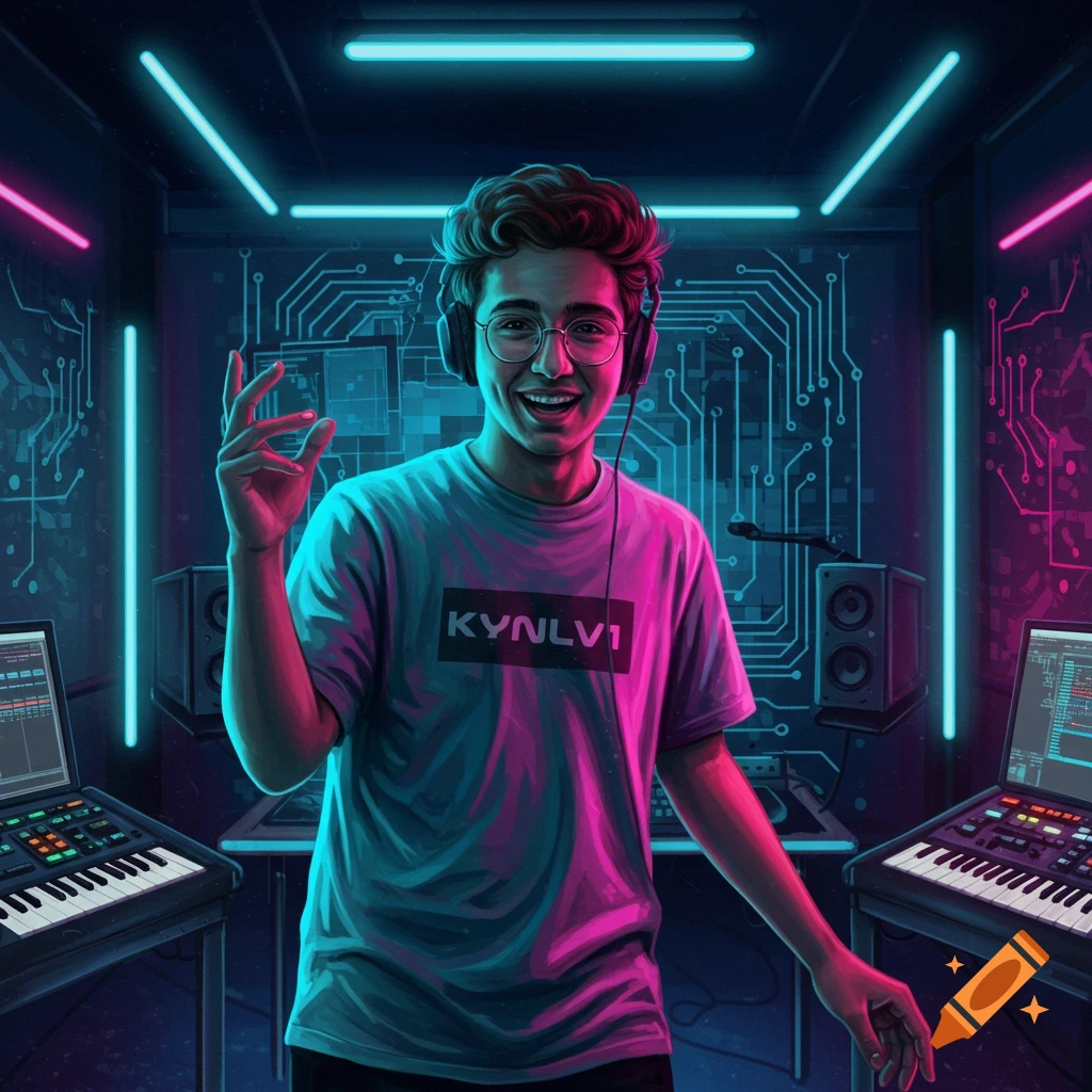 A young man with headphones smiles in a neon-lit room with circuit board patterns and music equipment. "KYNLV1" is on his shirt.