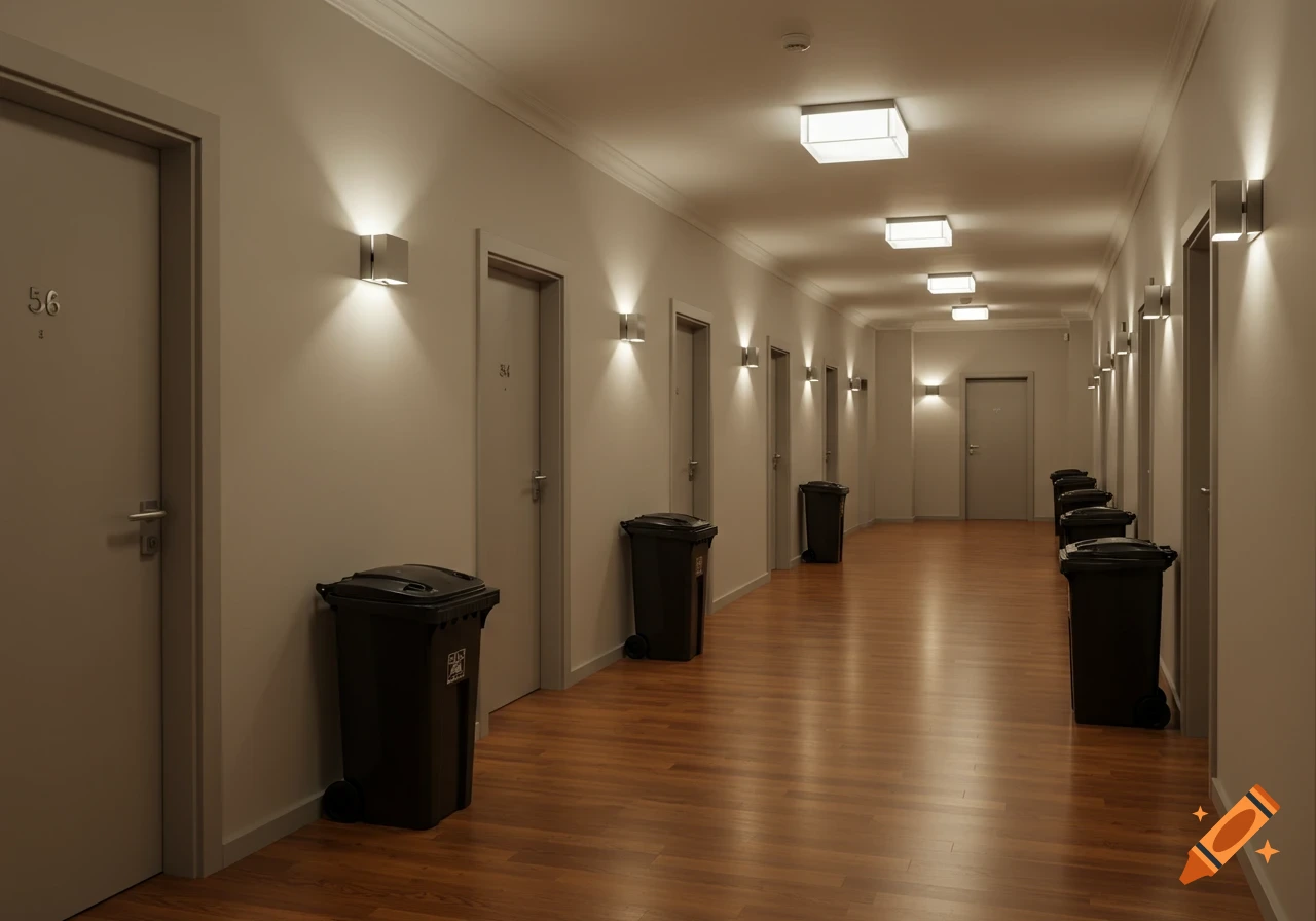 A long apartment hallway with light gray walls, brown hardwood floors, and multiple white doors. Black garbage cans are placed in front of each door. Wall-mounted sconces and ceiling lights illuminate the hall, creating a realistic, slightly muted atmosphere.