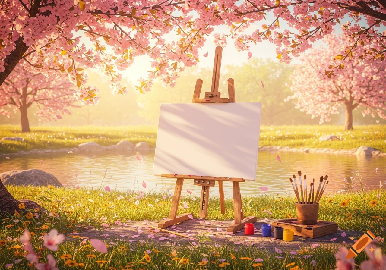 An empty easel and art supplies sit under blooming cherry trees beside a reflective pond on a sunny spring day.