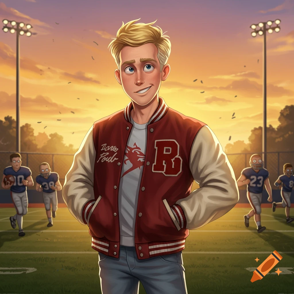 A cartoon male character with blonde hair wears a red and white varsity jacket, standing on a football field at sunset with blurry players in the background.