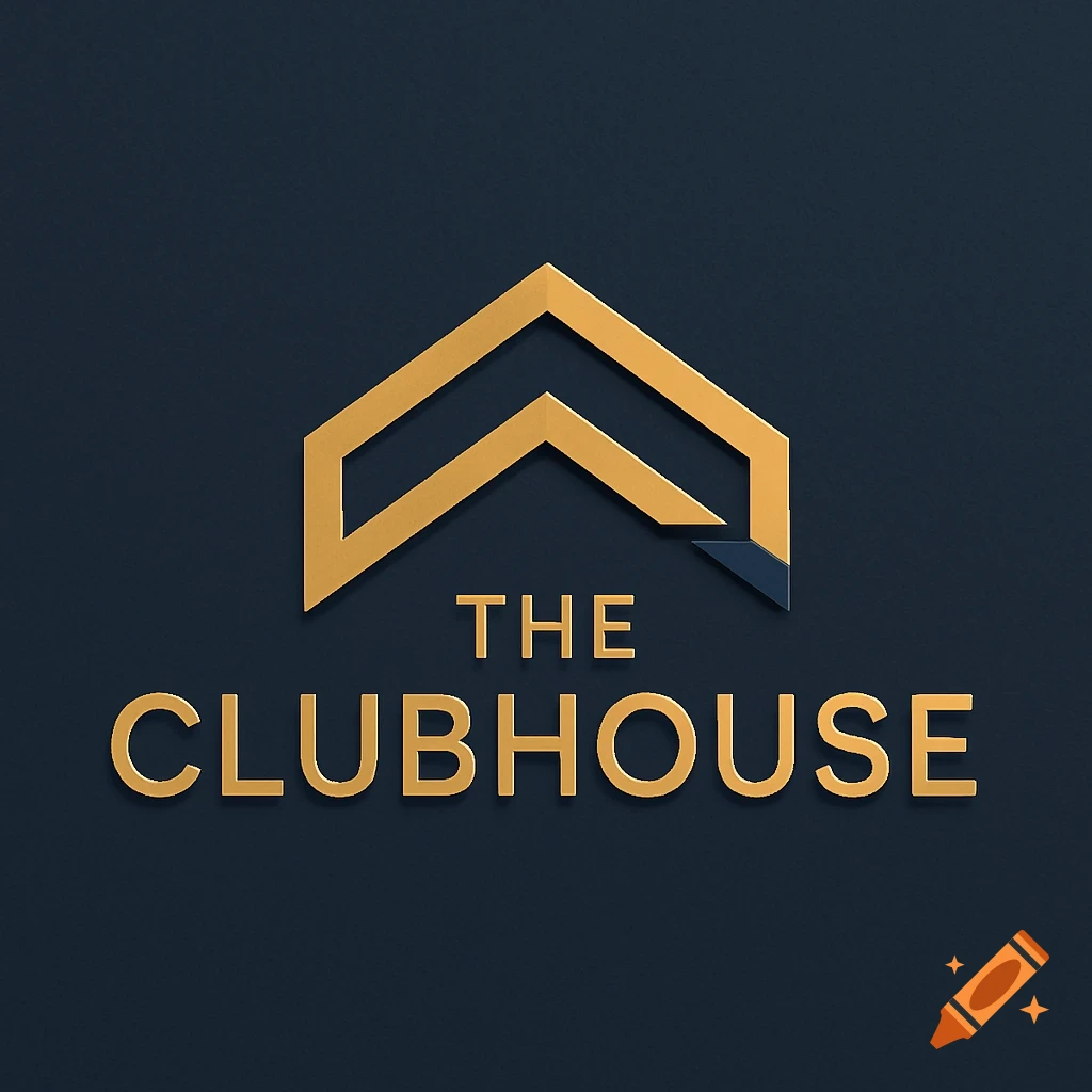 A gold and dark blue logo featuring a stylized geometric roof design above the words "THE CLUBHOUSE" in a metallic gold font.