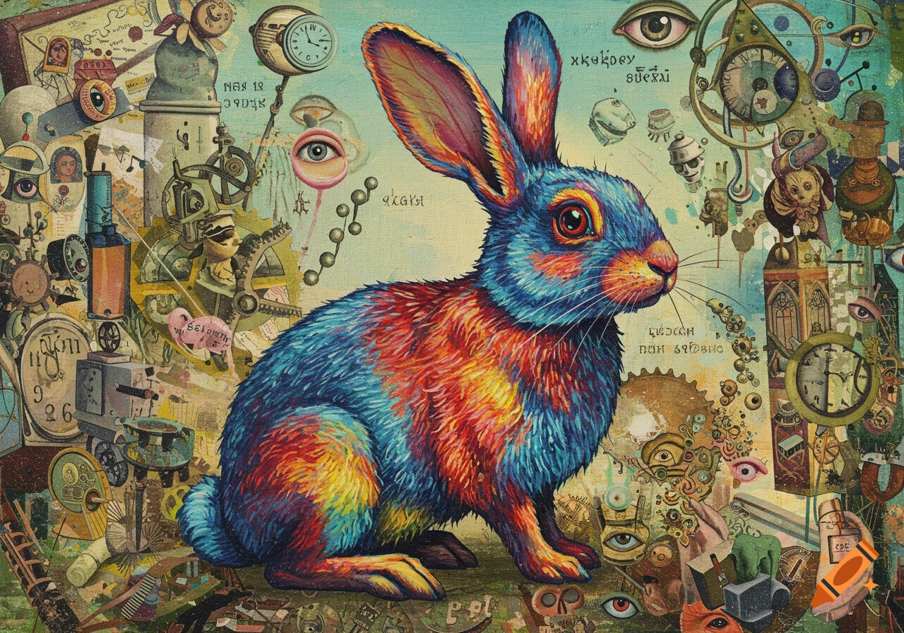 A colorful, rainbow-furred rabbit sits in the center of a surreal, abstract Dada collage with eyes, clocks, and gears.