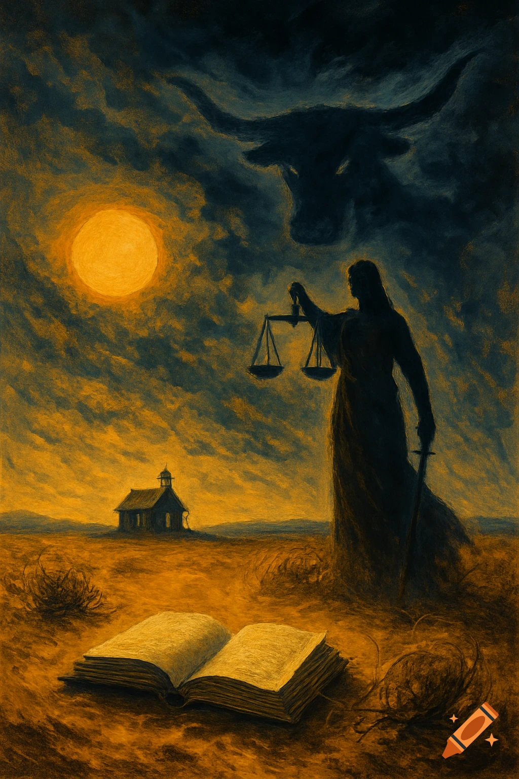 A dark, symbolic painting shows a Lady Justice figure, open book, and church under a full moon and bull silhouette in a desolate landscape.