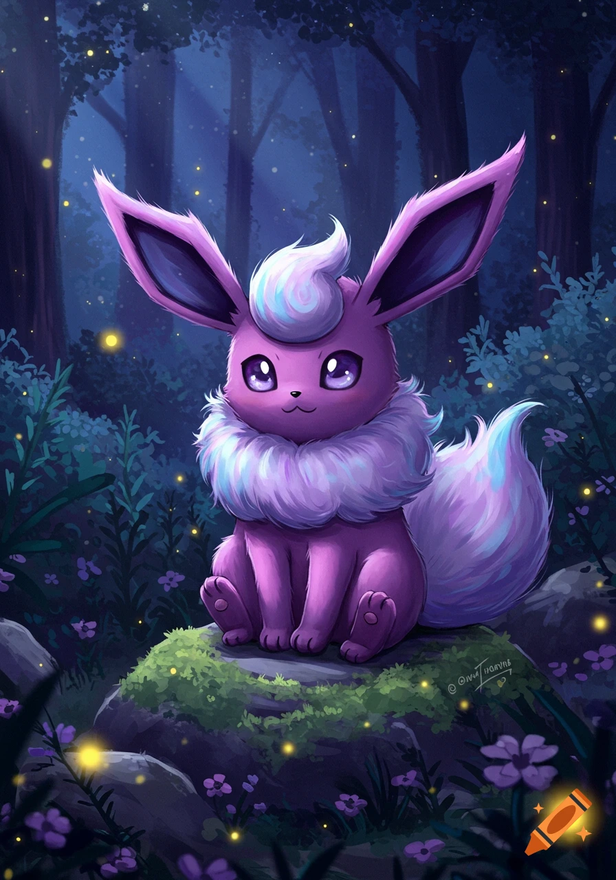 A cute purple Eeveelution with fluffy fur sits on a mossy rock in a dark, magical forest illuminated by glowing fireflies.