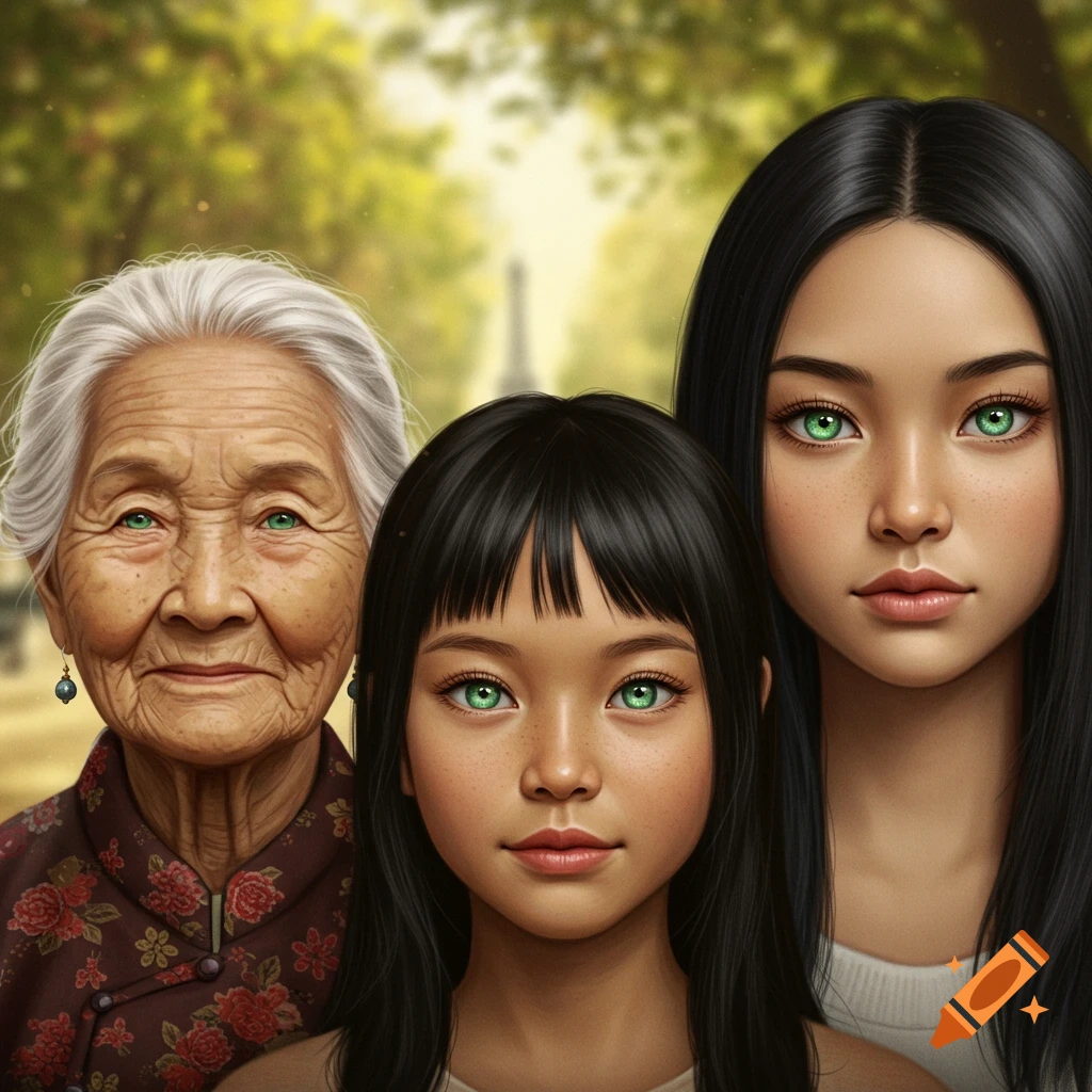 Three generations of Vietnamese women with green eyes pose in a sunny park.