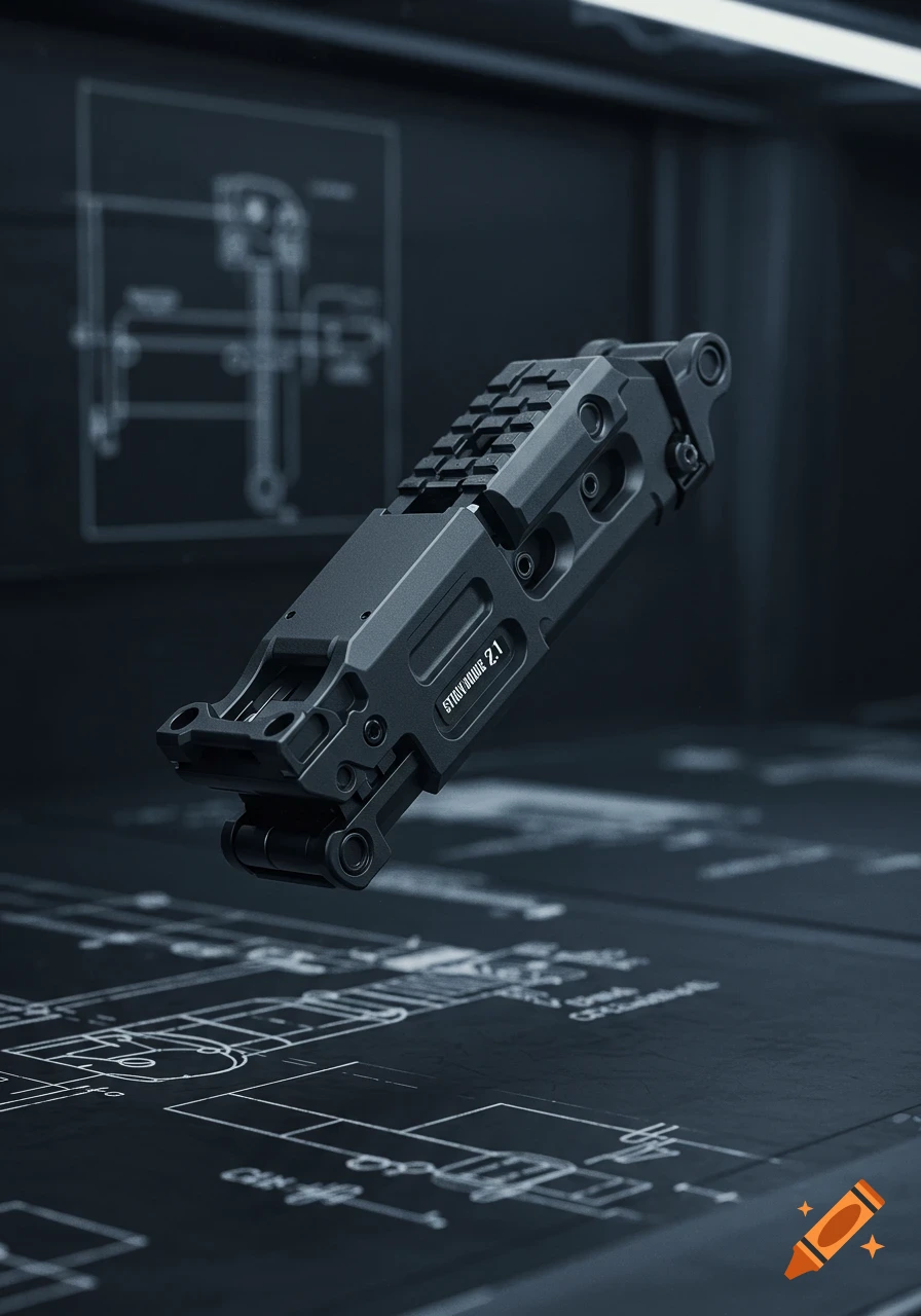 A dark gray, tactical-looking mechanical component with a top rail floats above blue blueprints, showcasing industrial design.