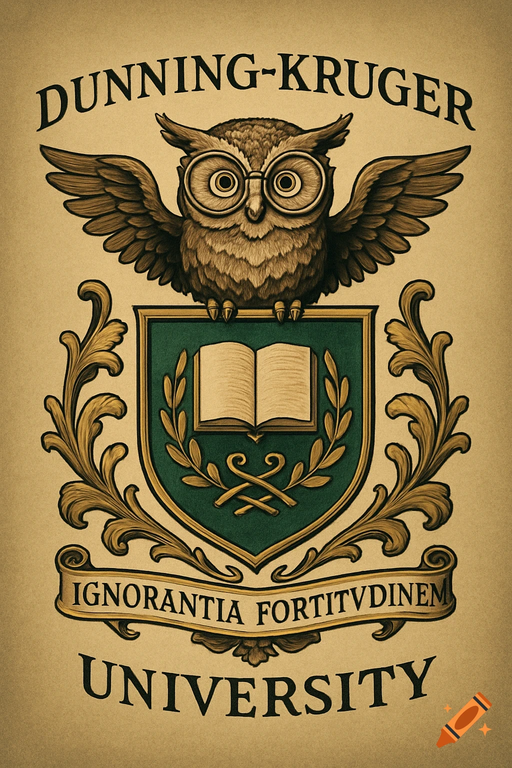 A brown and green vintage-style crest featuring an owl wearing spectacles above a shield with an open book, surrounded by golden flourishes. Text reads "Dunning-Kruger University" and "Ignorantia Fortitudinem".