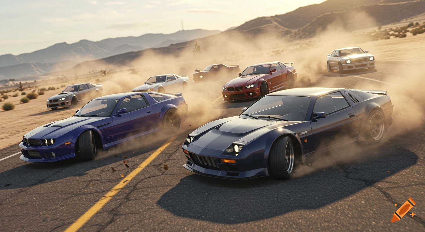 Multiple modified sports cars kick up dust as they drive along a desert road at high speed.