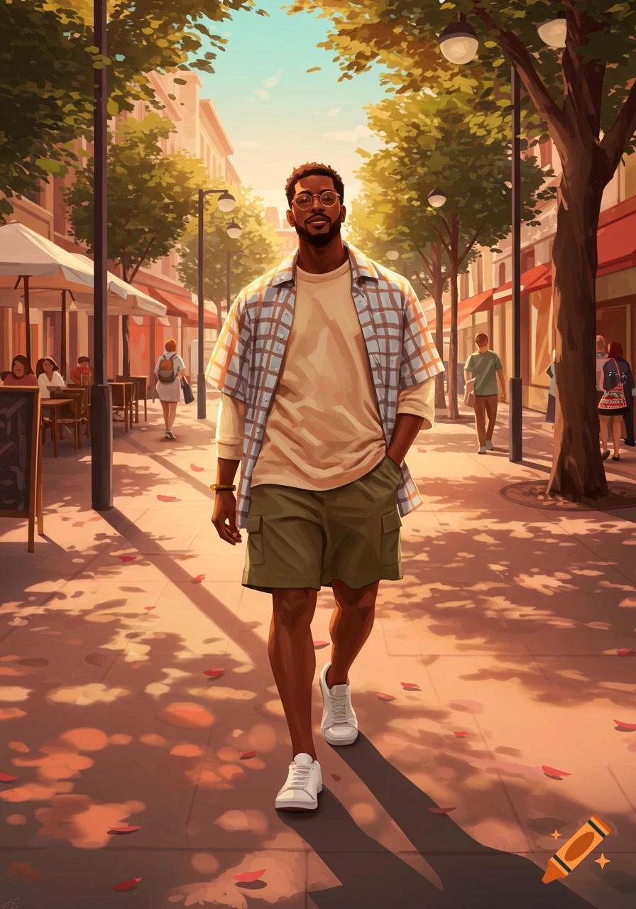 A man walks down a sunlit street lined with trees and shops. He wears a checkered shirt, shorts, and sneakers. Illustration style.