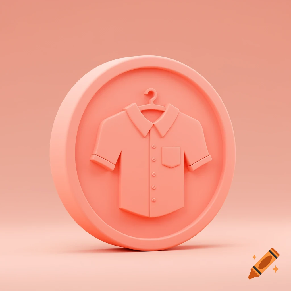 A 3D rendered coral pink icon of a shirt on a hanger inside a round token.