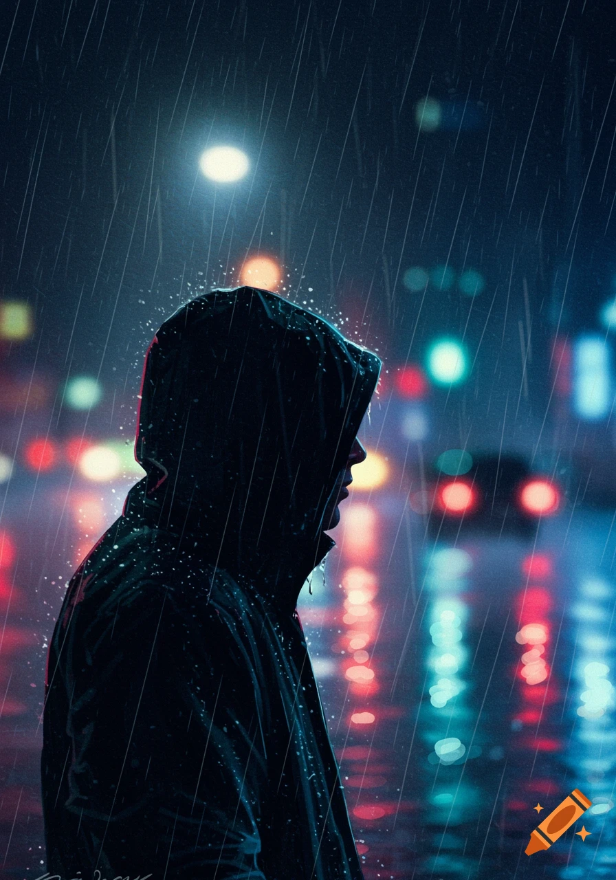 A hooded figure stands in the heavy rain at night, illuminated by blurred city lights and reflections on the wet ground.