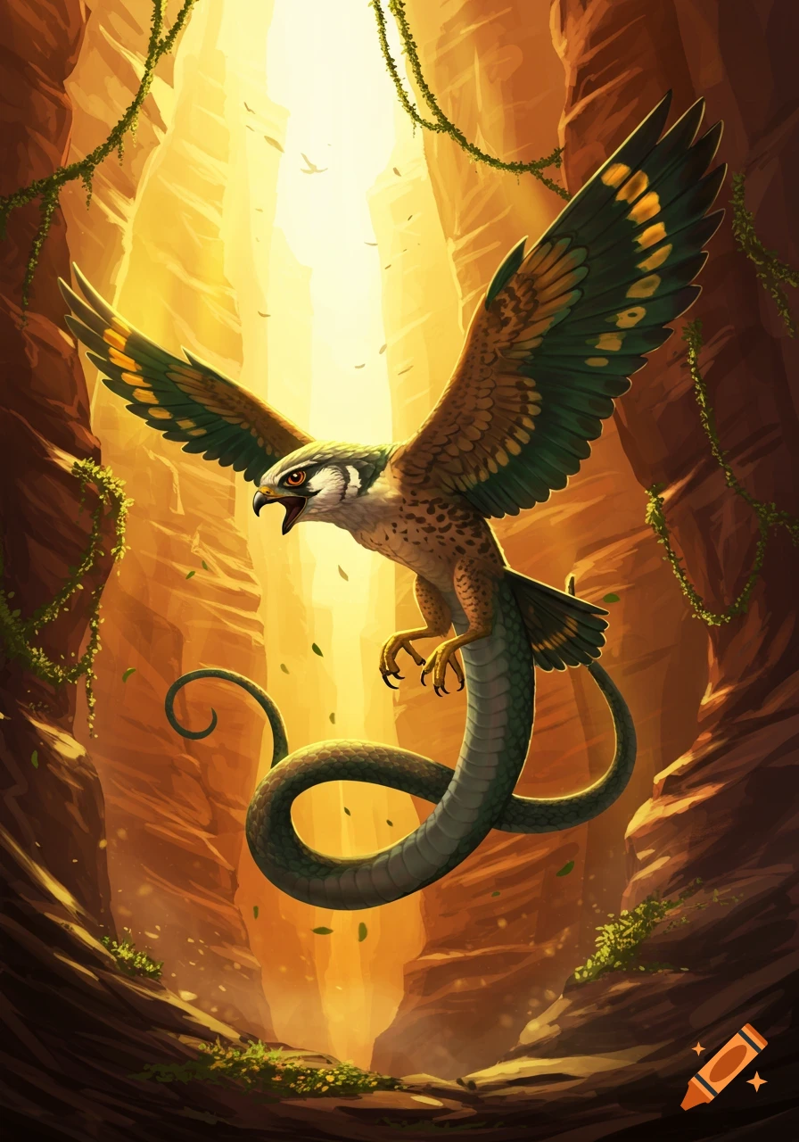 A falcon-snake hybrid creature with outstretched wings flies through a sunlit, vine-covered canyon in a digital painting.