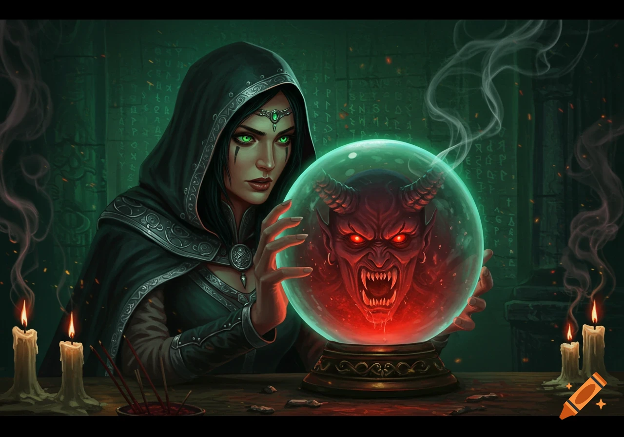 A hooded sorceress with glowing green eyes looks into a crystal ball containing a red demonic face with glowing red eyes and fangs.