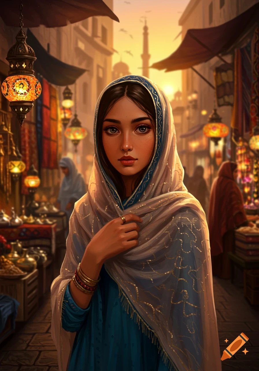 A young woman in a headscarf stands in a bustling, lantern-lit Middle Eastern market at sunset, digital painting style.