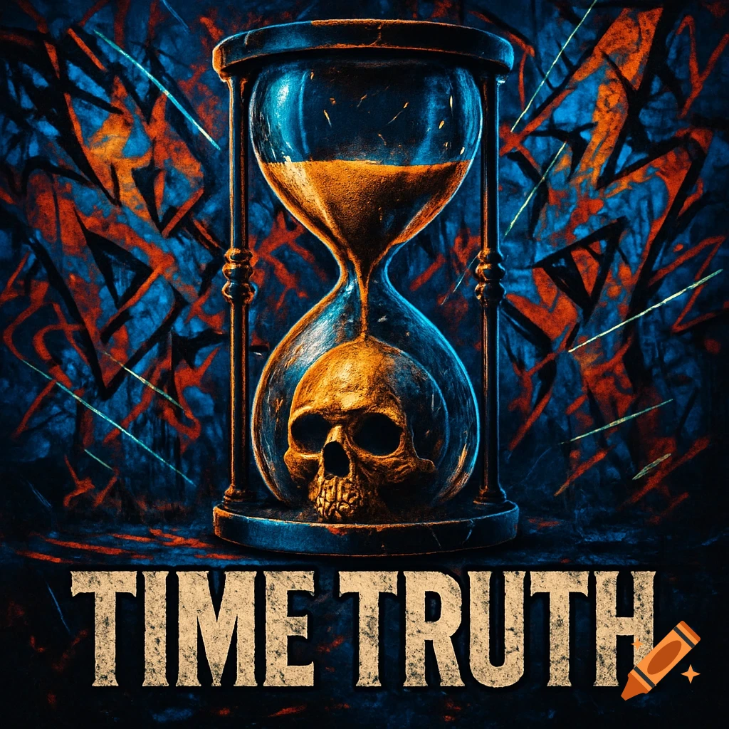 A dark and abstract image featuring an hourglass with a skull inside, set against a chaotic blue and orange background. The text 'TIME TRUTH' is at the bottom.