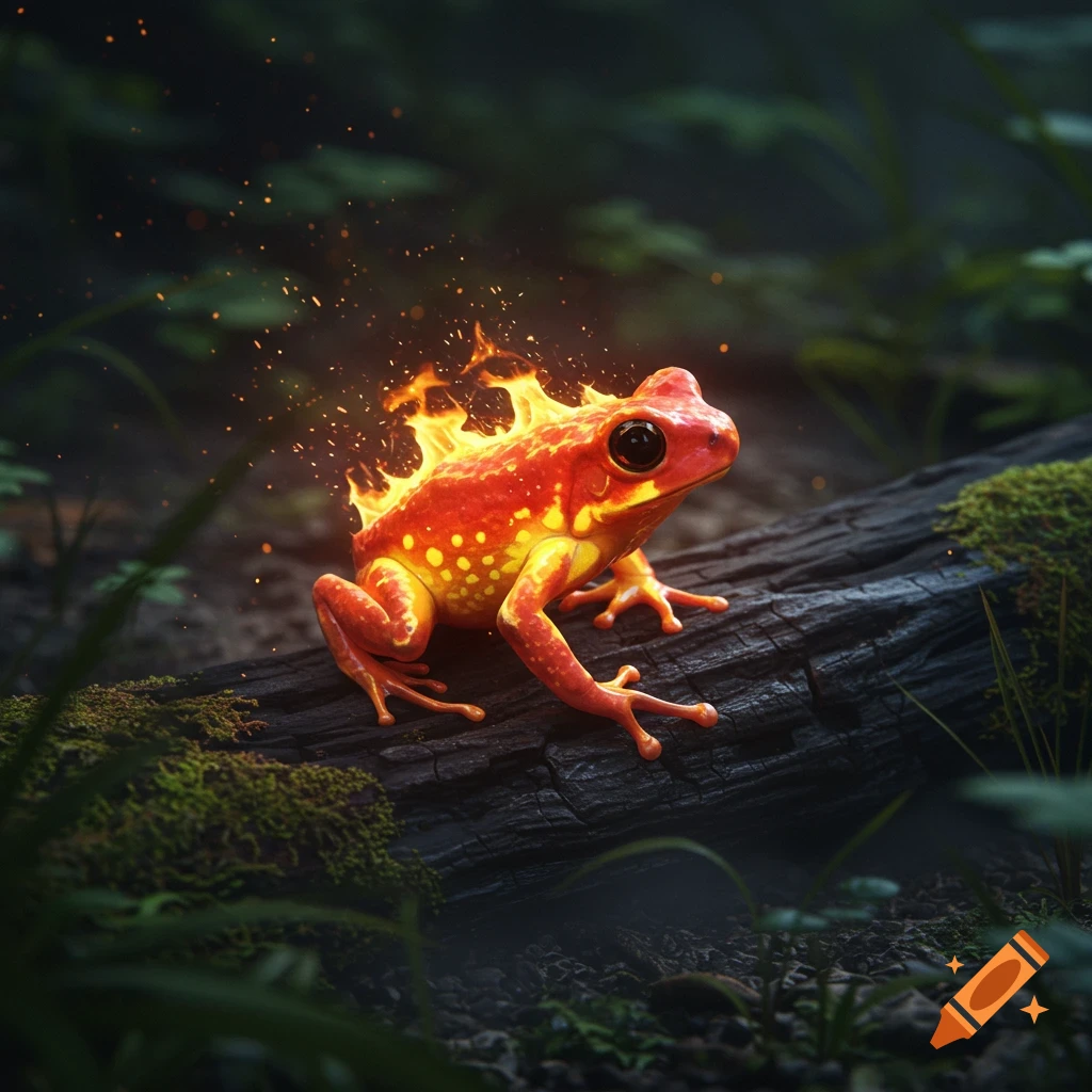 A vibrant red and yellow frog with flames emanating from its back sits on a dark, mossy log in a lush, dimly lit forest.