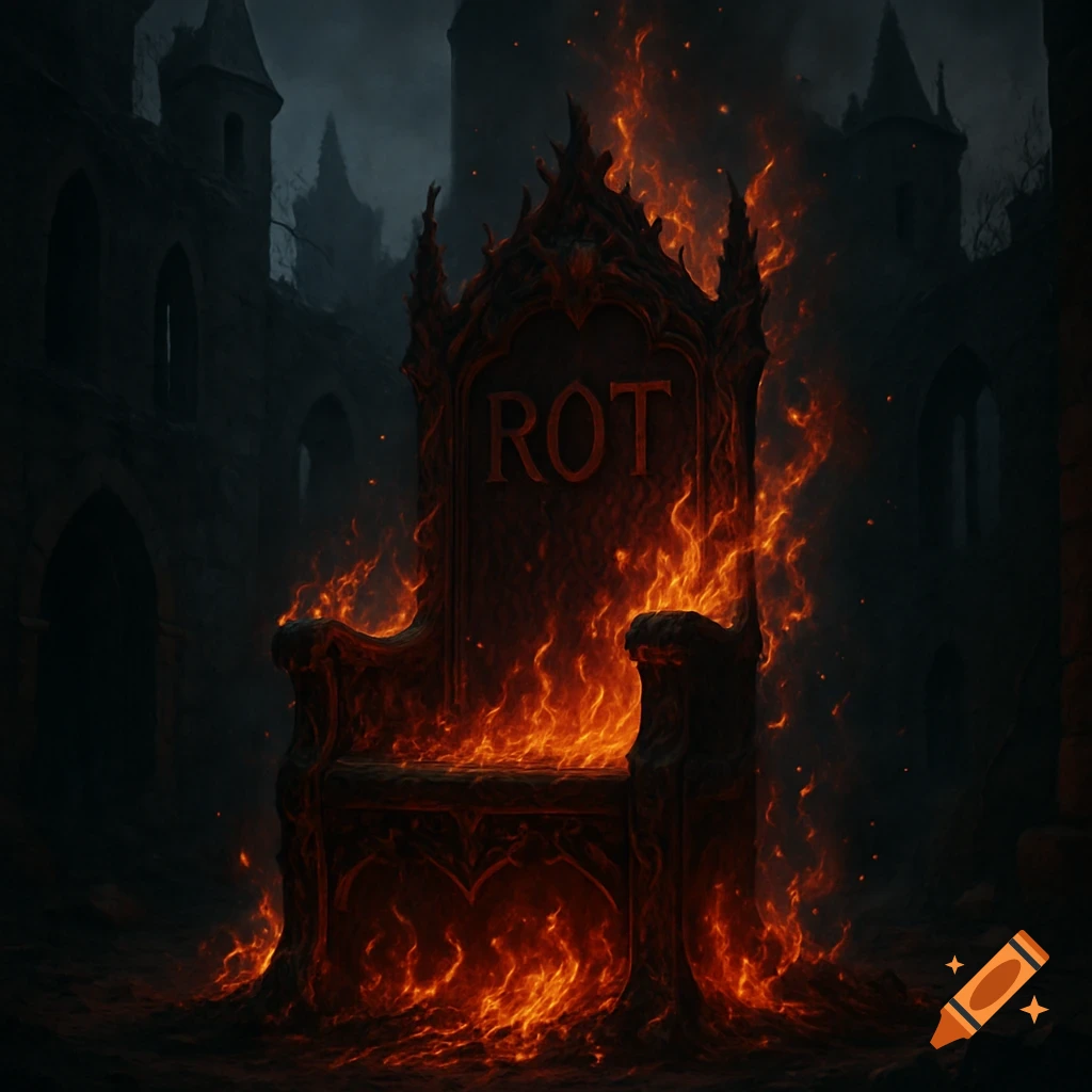 An ornate, dark gothic throne engulfed in flames inside a decaying castle.