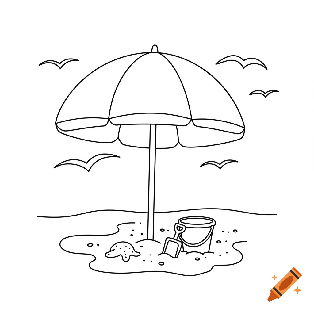 A simple line drawing of a beach scene with a beach umbrella, a sand bucket and shovel, a starfish, and flying seagulls.