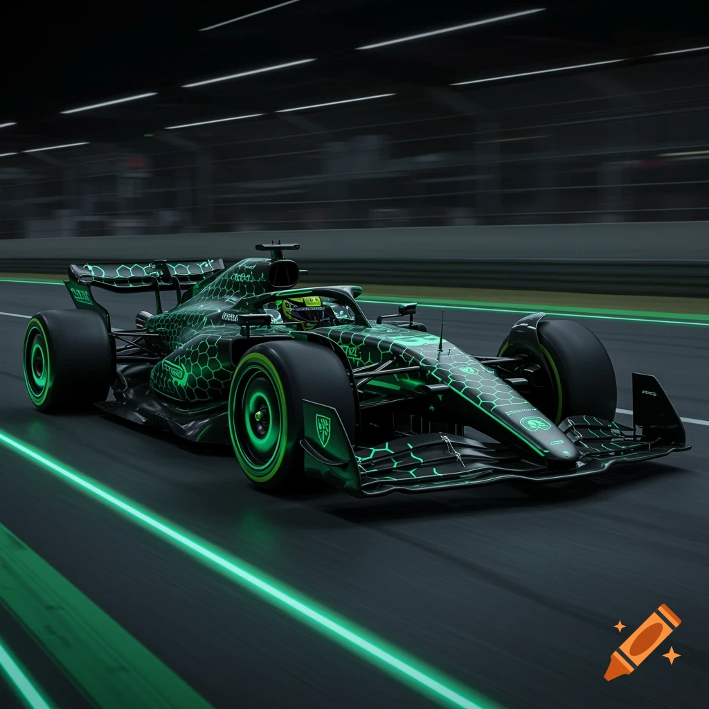 A sleek matte black F1 car with vibrant neon-green hexagonal patterns and accents races on a dark track with glowing green lines.
