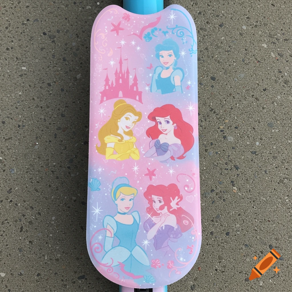 A pink and blue scooter footboard sticker featuring illustrations of Disney princesses Cinderella, Belle, and Ariel, along with a pink castle, stars, and decorative swirls.