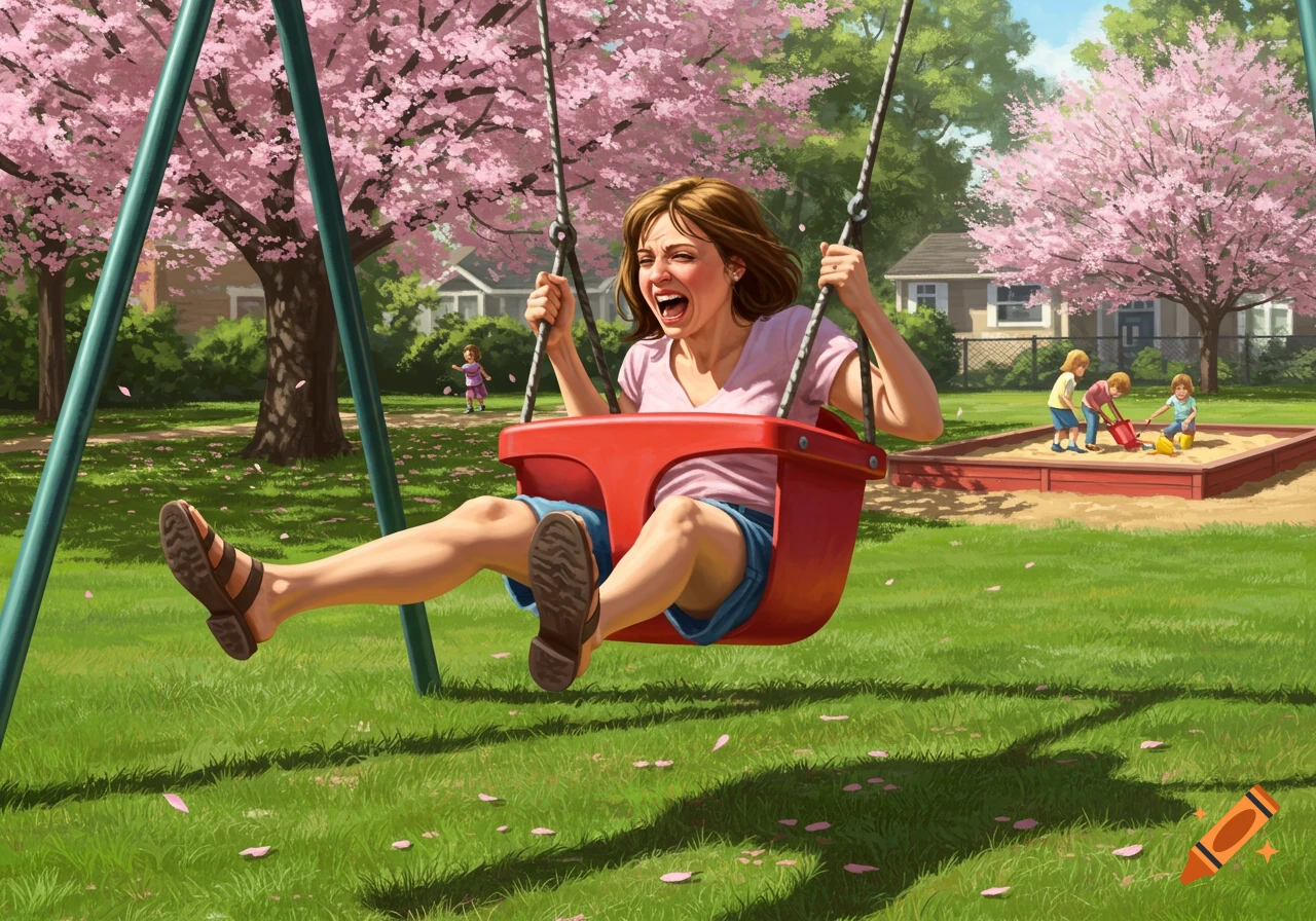 A woman with a strained expression is stuck in a red baby swing at a park, surrounded by pink cherry blossom trees.