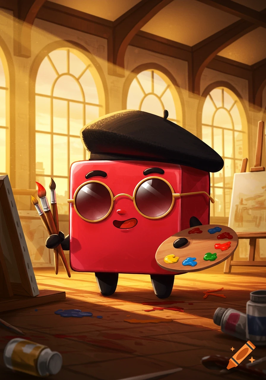 A cute red cube character wearing a beret and sunglasses, holding paintbrushes and a palette in a sunlit art studio.