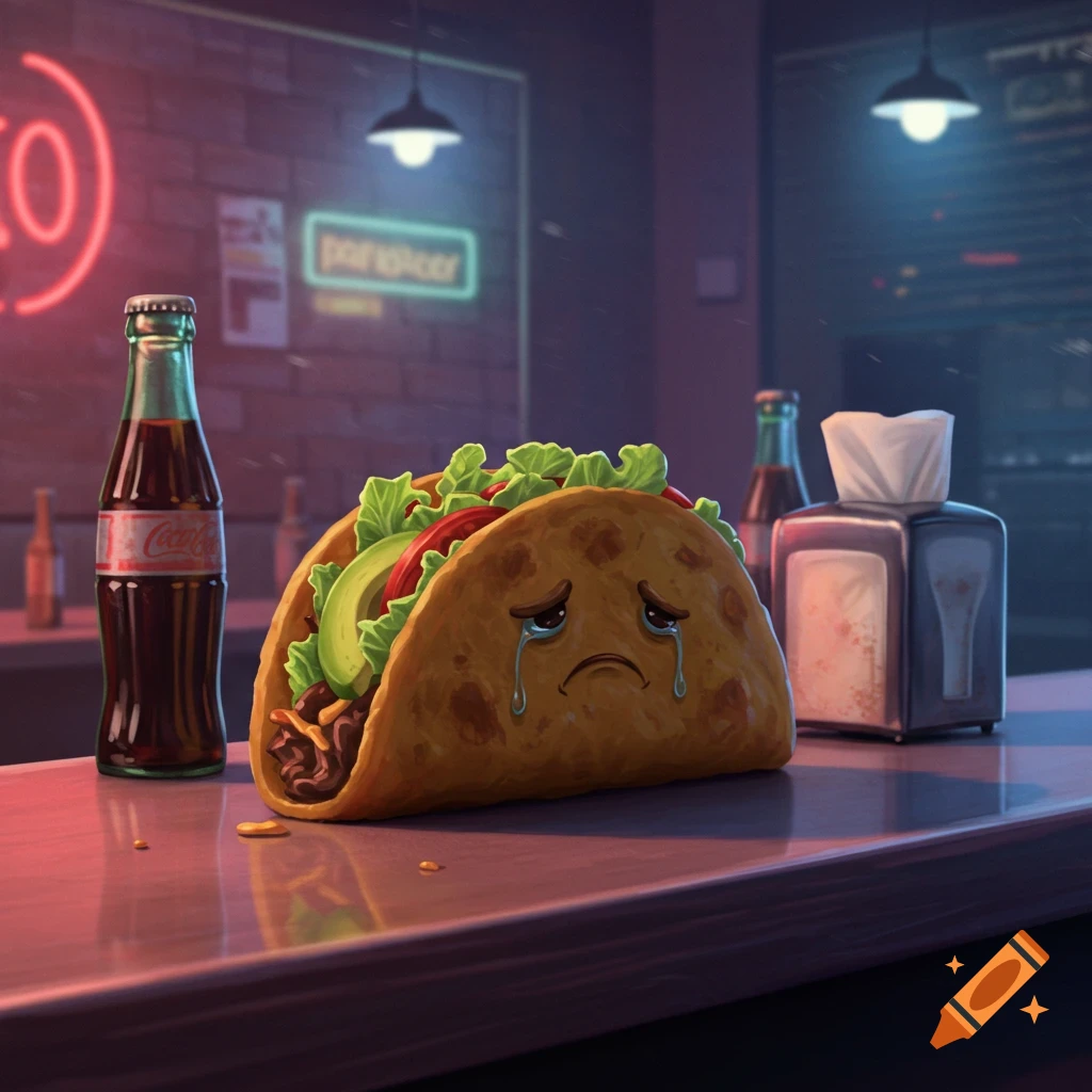 A cartoon sad taco with teary eyes sits on a bar counter next to a Coca-Cola bottle and a tissue dispenser, in a dimly lit bar.