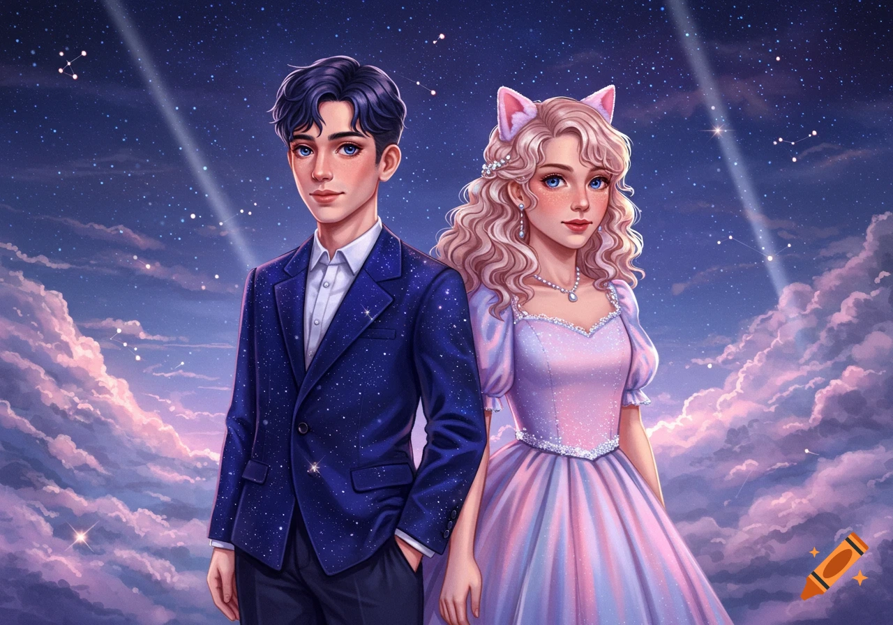 Stylized illustration of a young man in a starry suit and a young woman with cat ears in a sparkly dress against a starry night sky.