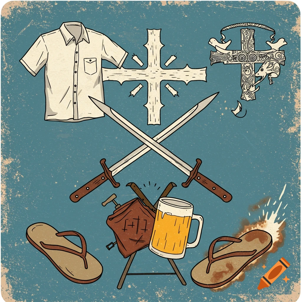 A stylized illustration on a faded blue background featuring crossed swords, a white short-sleeve shirt, two crosses with intricate patterns, a brown bag, a beer mug, and a pair of flip-flops, one with a skid mark.