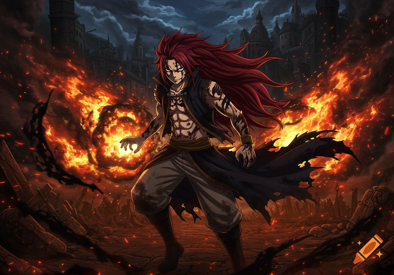 An anime style male mage with long red hair, hazel eyes, and black soot, stands amidst fiery explosions and ruins in a destroyed city.