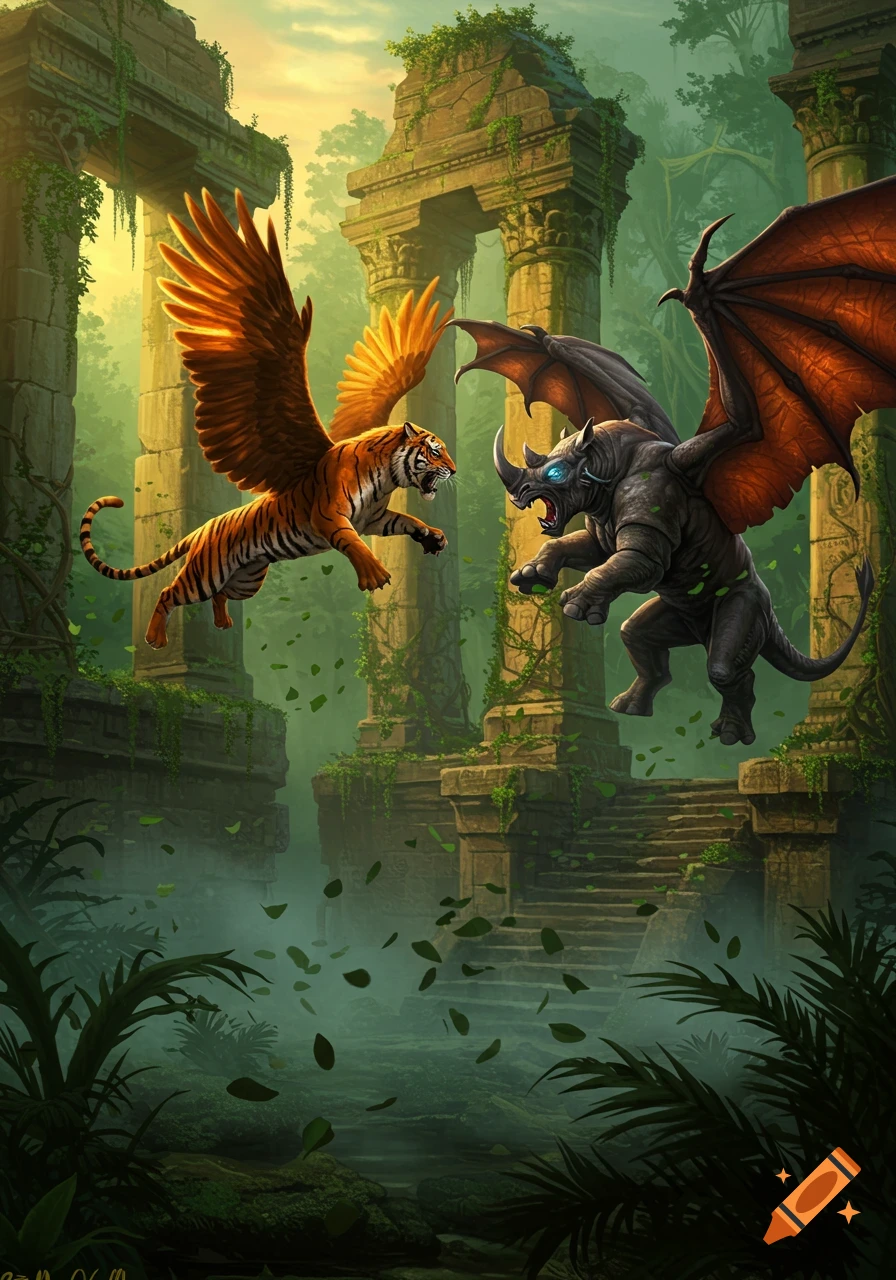 A winged tiger fights a winged rhino-dragon creature in mystical jungle ruins with glowing light.