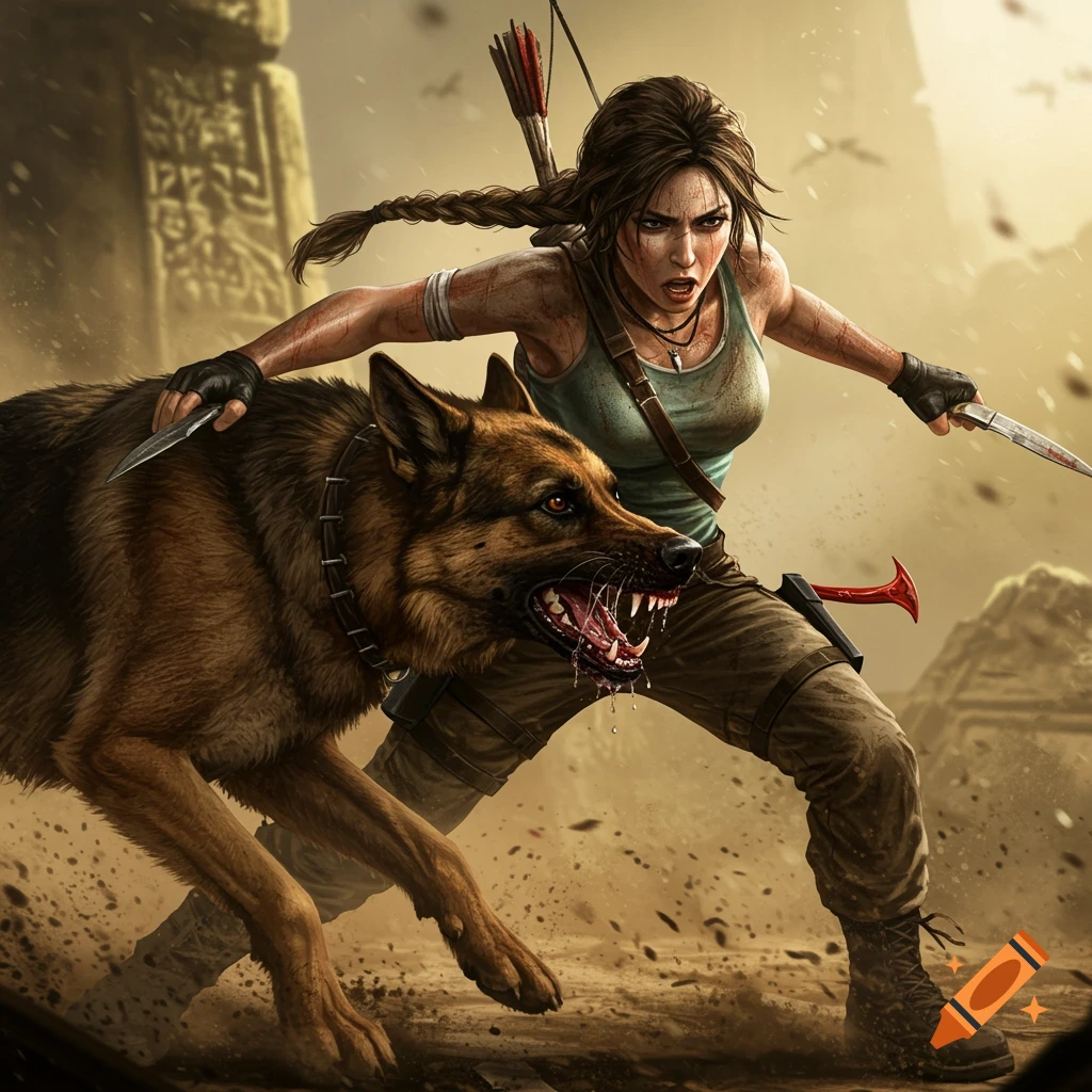 Lara Croft in a tense action pose with an aggressive German Shepherd, set against ancient ruins in a digital art style.