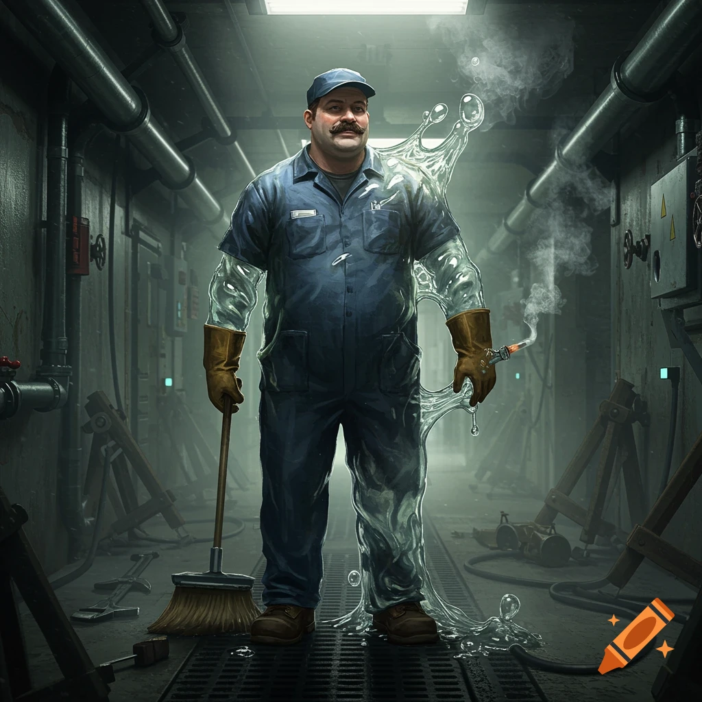 A man resembling a janitor with a mustache and cap, partially transformed into shimmering liquid slime, stands in a pipe-filled industrial setting with a broom.