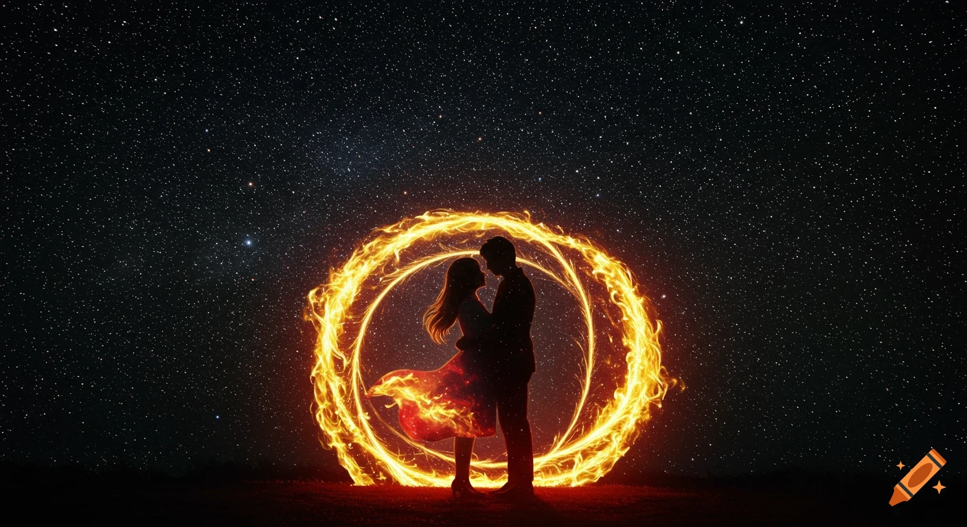 A silhouetted couple embraces within a glowing ring of fire under a starry night sky. The woman's dress is also aflame.