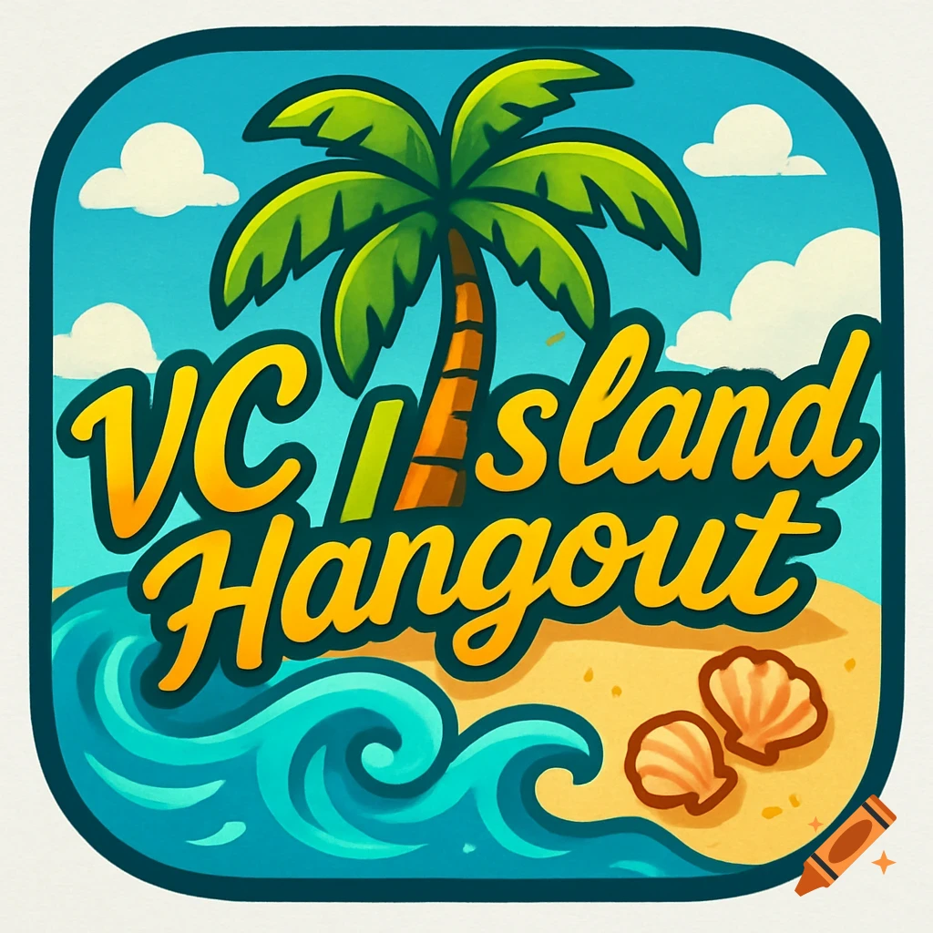 A vibrant, cartoonish logo for 'VC Island Hangout' featuring a palm tree, blue waves, a sandy beach with seashells, and a clear blue sky.