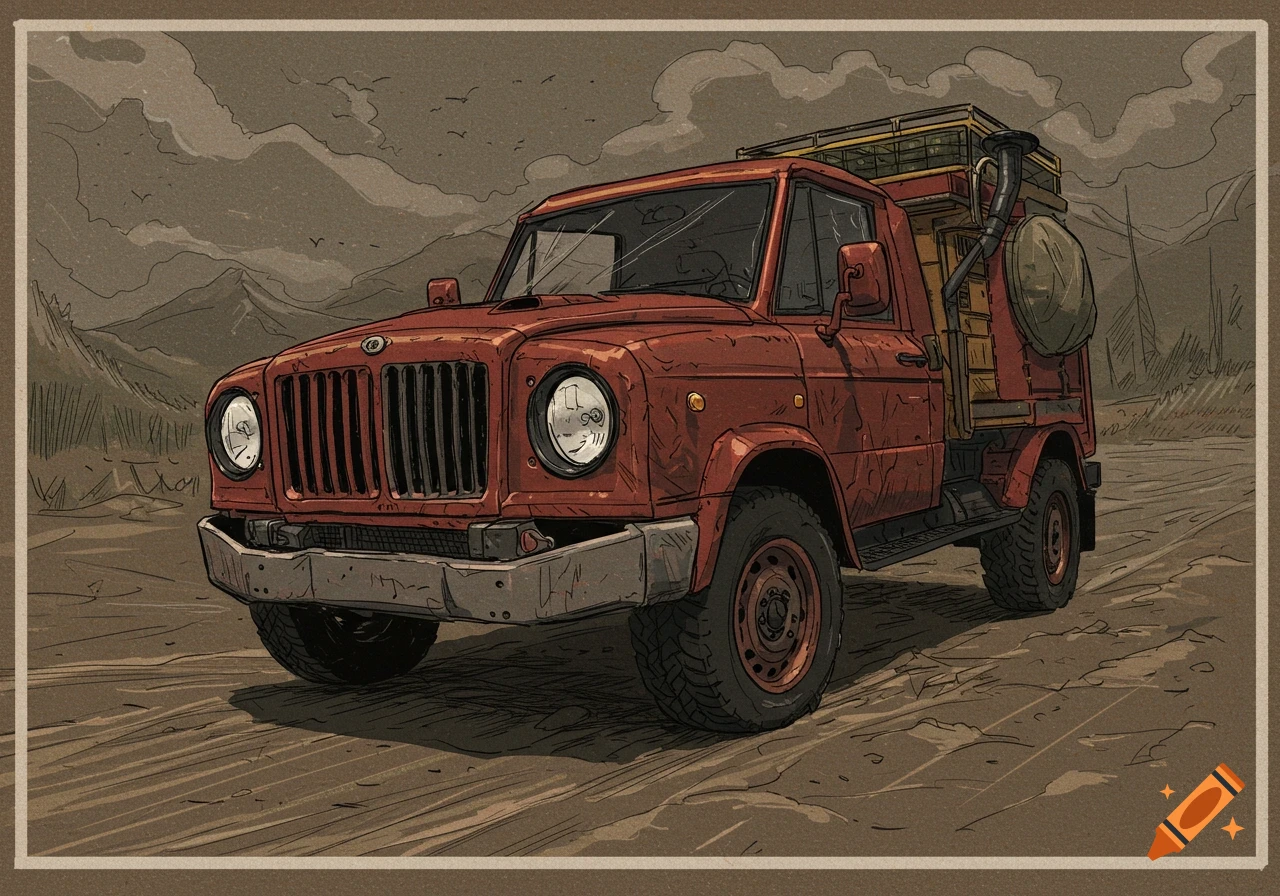 A rustic, red pickup truck with a loaded bed and rooftop rack on a dirt road with mountains in the background, illustrated in a vintage style.