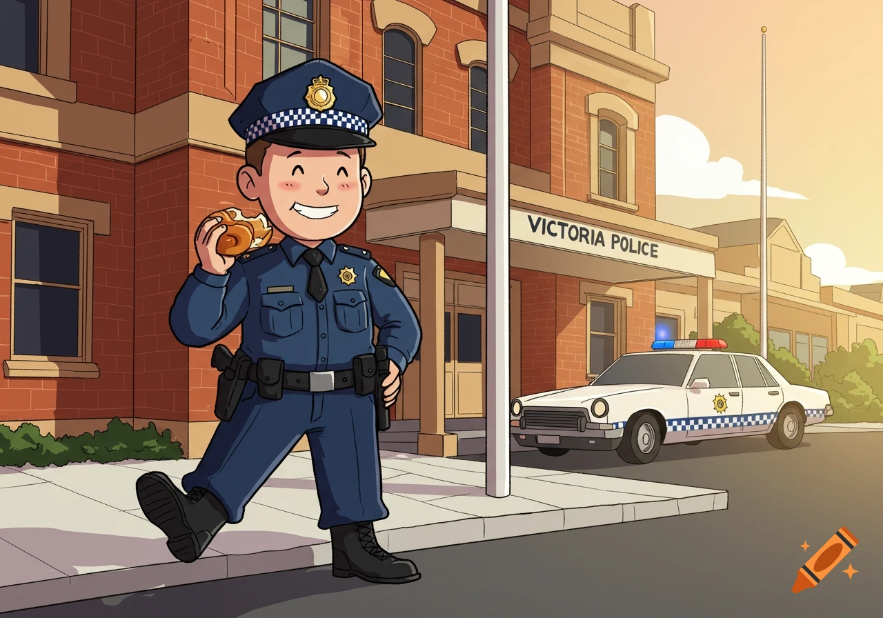 A smiling cartoon police officer in uniform walks while eating a roll, in front of a Victoria Police station and patrol car.