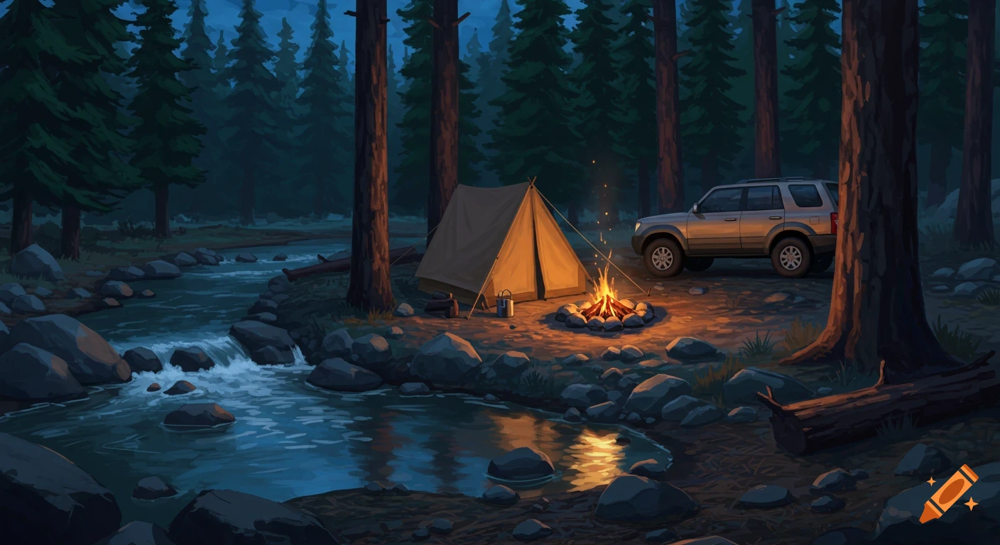 A cartoon-style illustration of a campsite at dusk, with a lit tent, a roaring campfire, an SUV, and a flowing creek in a forest.