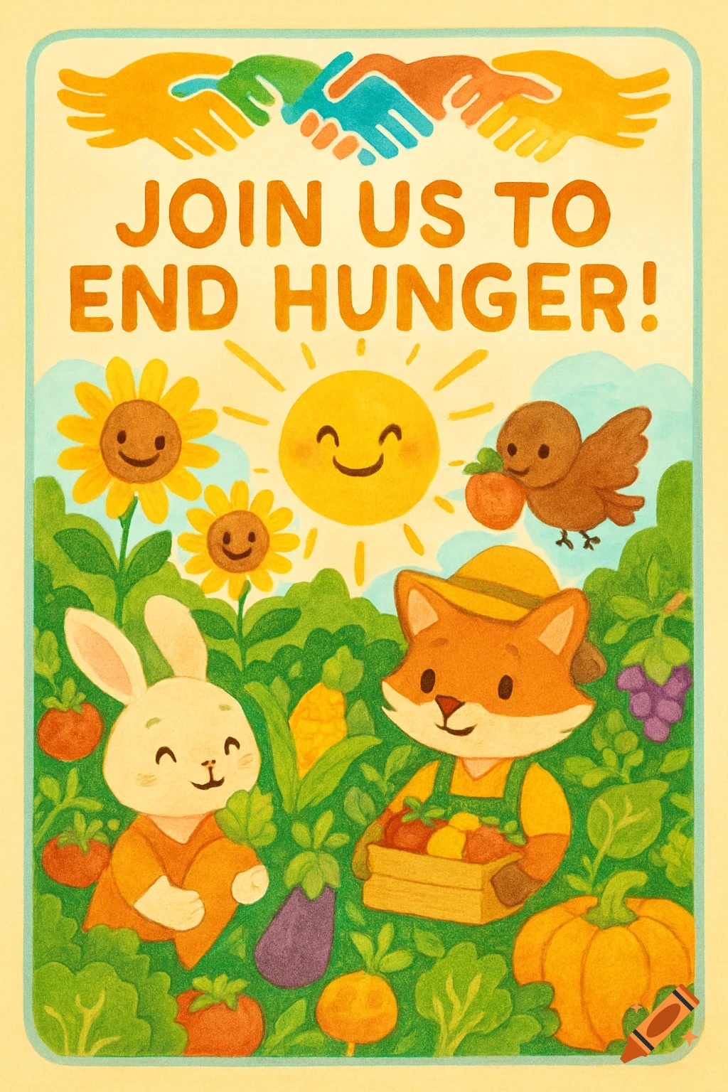Cartoon poster with a bunny and fox harvesting vegetables, smiling sun, and shaking hands above "JOIN US TO END HUNGER!" text.