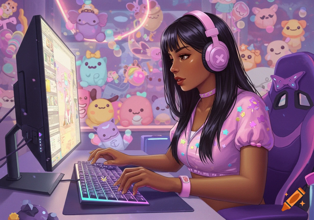 An anime-style girl with dark hair and headphones plays on a computer, surrounded by cute, colorful plushies.